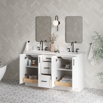Meuble-lavabo double rectangulaire 61 po avec comptoir en quartz pur Ariel Kelly