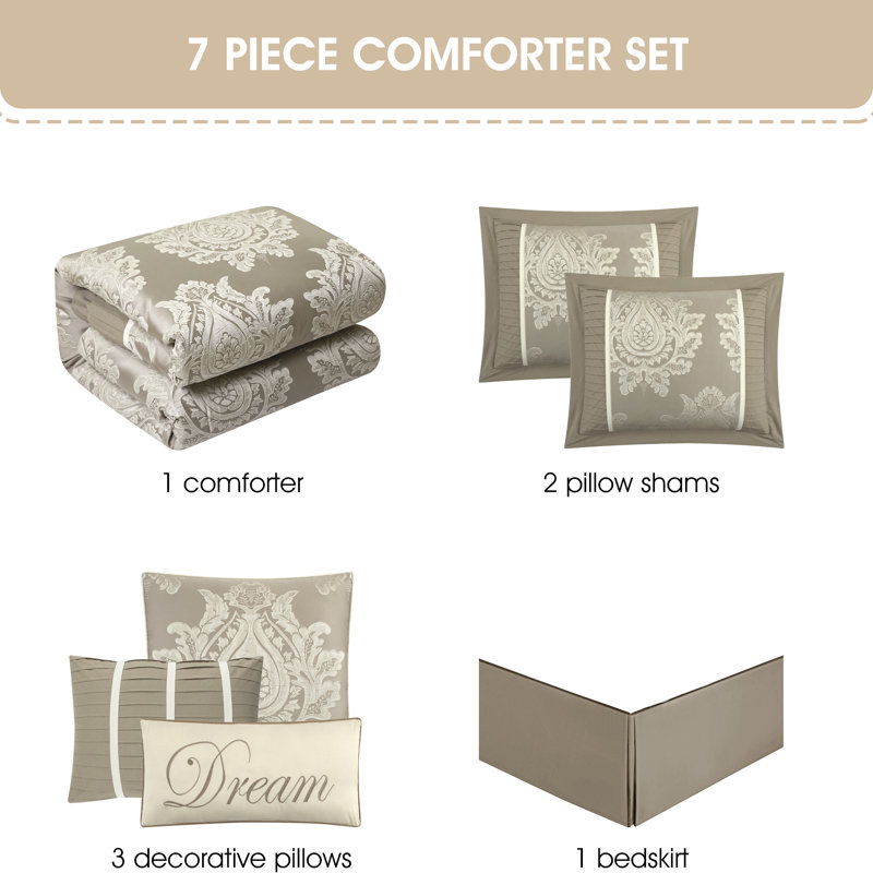 Beige King Damask Microfiber 7-Piece Comforter Set