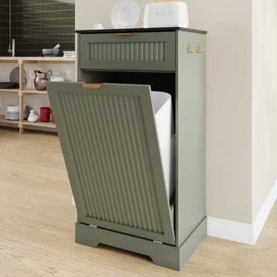10 Gallon Tilt Out Trash Can Cabinet, Fluted Hidden Trash Cabinet with Drawer & Hooks for Kitchen & Bathroom (Trash Can Not Included)  