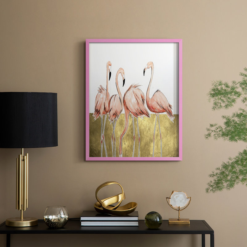 Flamant rose I, reproduction encadrée - bois massif, H 21 po x l 17 po, Rose