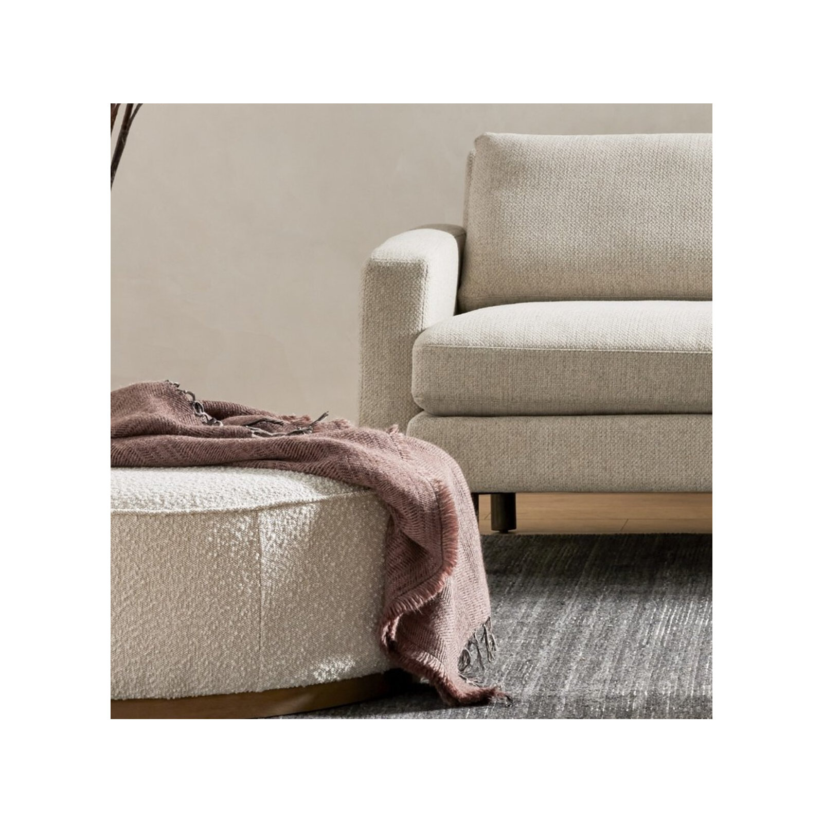 Rayna 36" Round Cocktail Ottoman, Knoll Natural Boucle, Distressed Natural