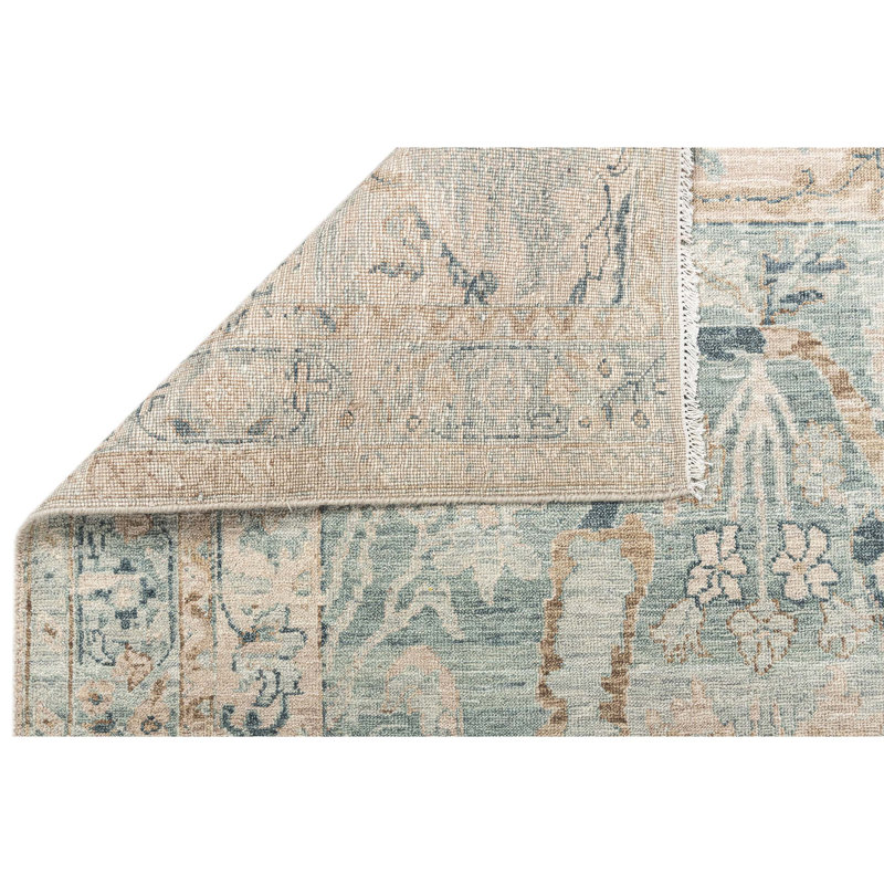 Tapis turquoise et beige noué à la main de haute qualité, Rectangle de 5 pi x 8 pi
