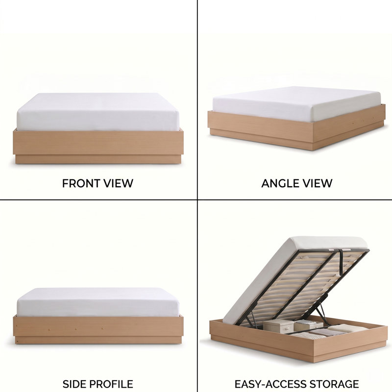 Queen Wooden Platform Bed Frame Without Headboard, Hydraulic Lift Up Storage, No Box Spring Needed, Natural Wood, Queen