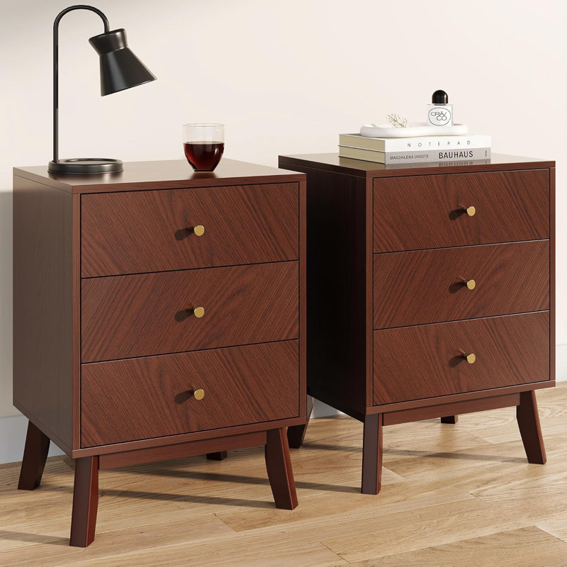 Mid-Century Modern 3-Drawer Nightstand, Set of 2