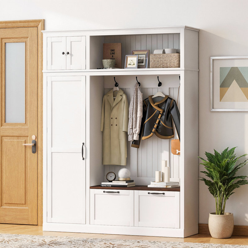 78.7" 3-in-1 Hall Tree with Overhead Storage Cabinet, 3 Adjustable Side Shelves, 4 Heavy-Duty Hooks & 2 Drawers, Grooved Back Panel, Contrasting Seat Bench, Multifunctional Entryway Organizer
