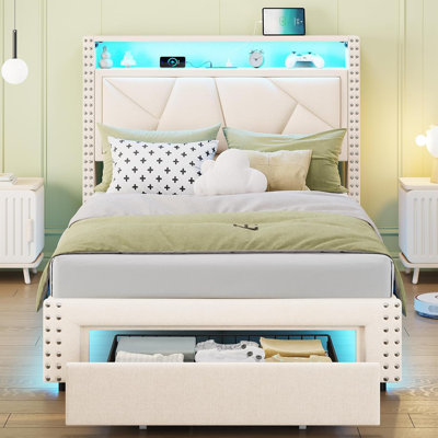 Velvet Upholstered Storage Teens Bed with Drawer & Charging Station 5 Support Legs