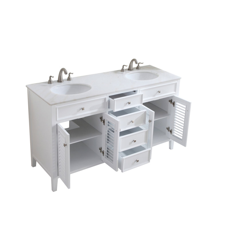 Ensemble de meuble-lavabo double 60 po, Blanc, Cristal blanc