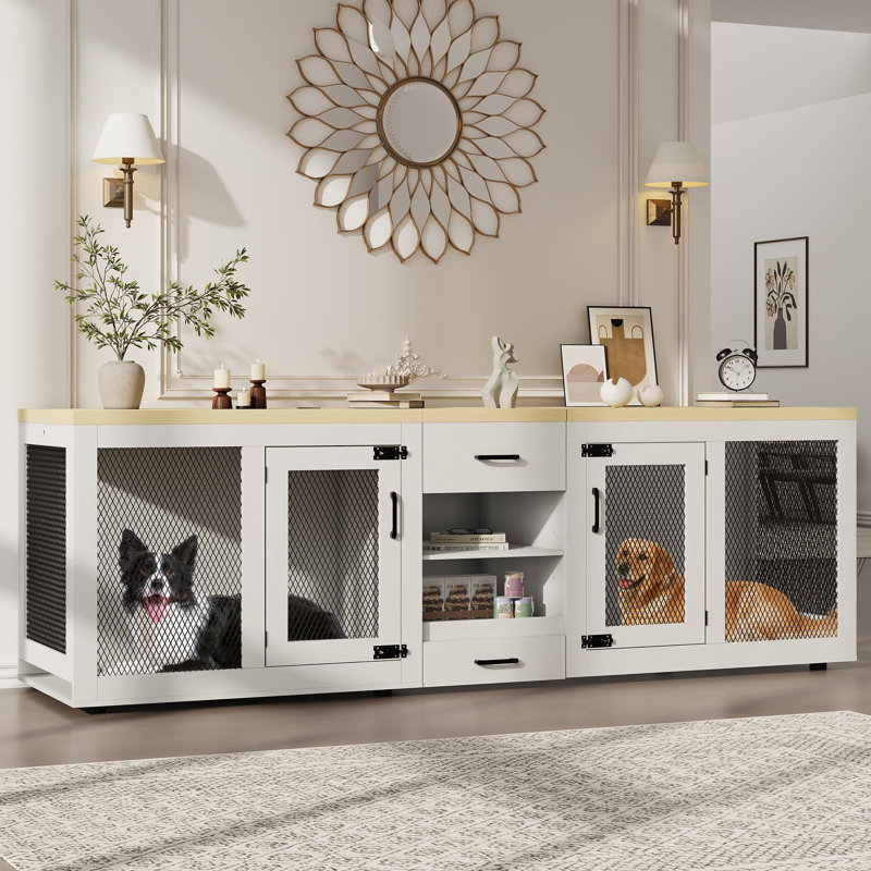 Meuble de 90 po pour grande cage pour chien, cage double pour chien avec poste d'alimentation et rangement, meuble robuste pour chenil pour 2 chiens