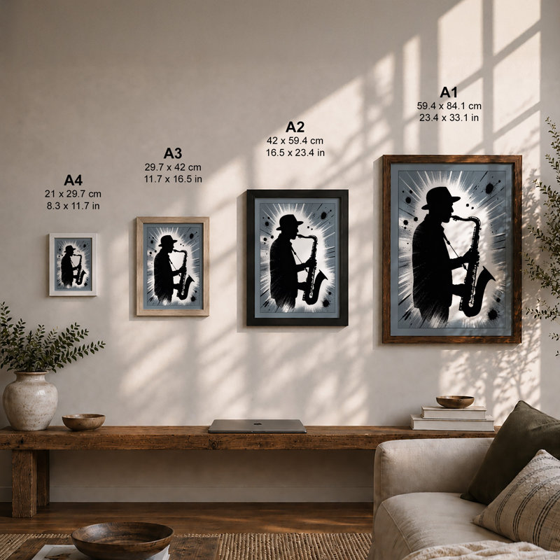 Saxophone Silhouette Urban Art - Framed Print, A3 - 42.0 x 29.7 cm, Walnut