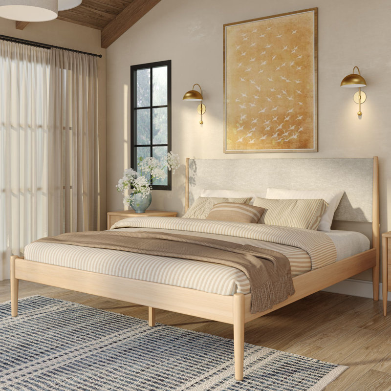 Harbor King Bed with Upholstered Headboard, Blonde/Swiss Coffee, Blonde, King