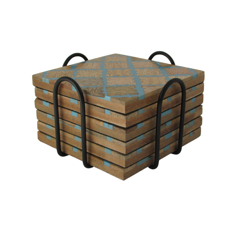 Ensemble de sous-verres géométriques en bois avec support, Géométrique, Bleu