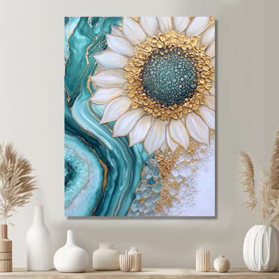 Marble Dream Of A Emerald Sunflower II - Floral Metal Wall Art, Sunflower Metal Print