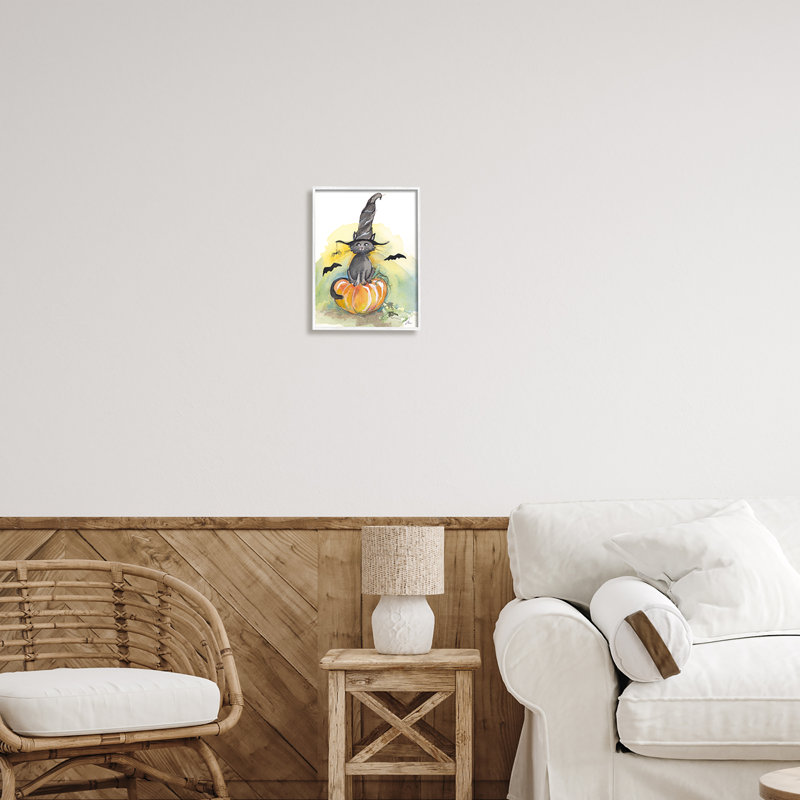 «Witch Cat On Pumpkin» encadré sur bois par Jessica Mingo, impression, H 14 po x l 11 po x P 1,5 po