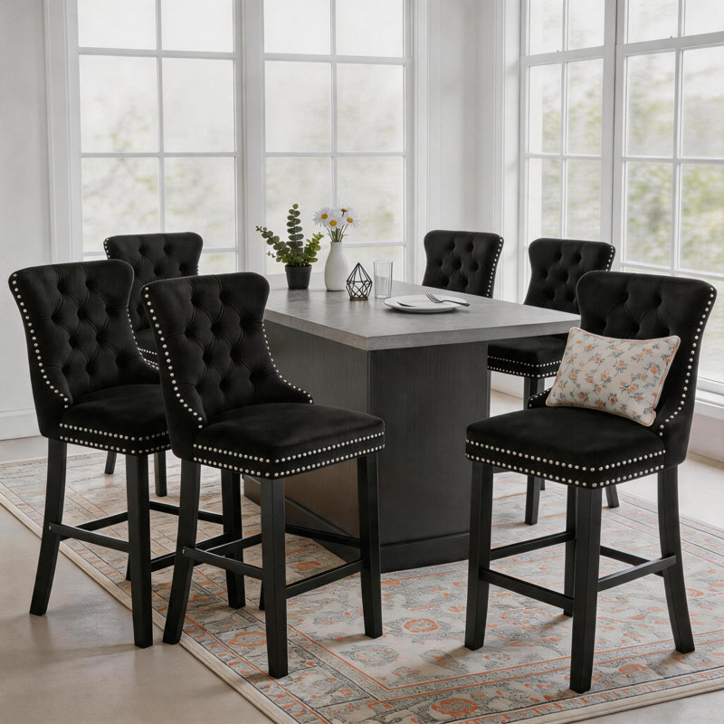Modern Velvet Upholstered Counter Height Bar Stools (Set of 6), Black