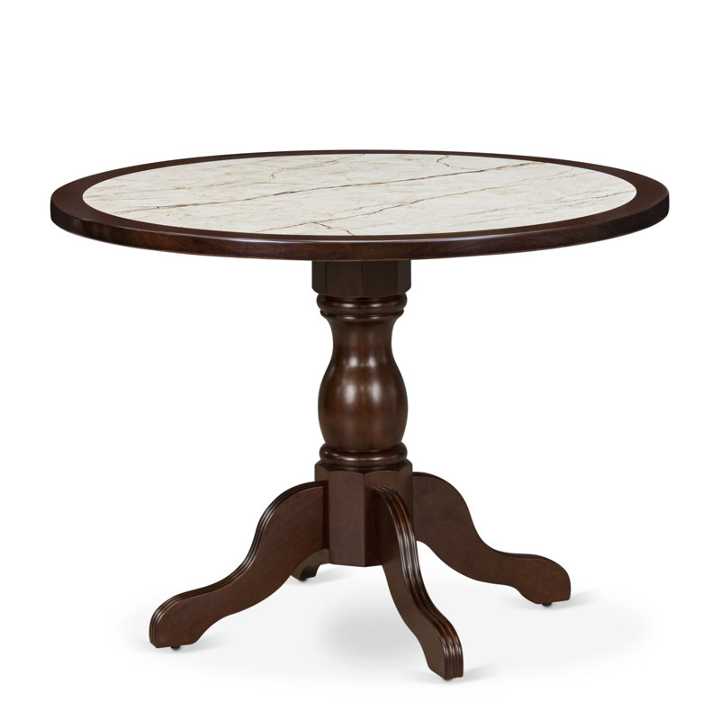A Round Dining Room Table with Striated Stone Marble Pattern tabletop, Mahogany Finish, Mahogany