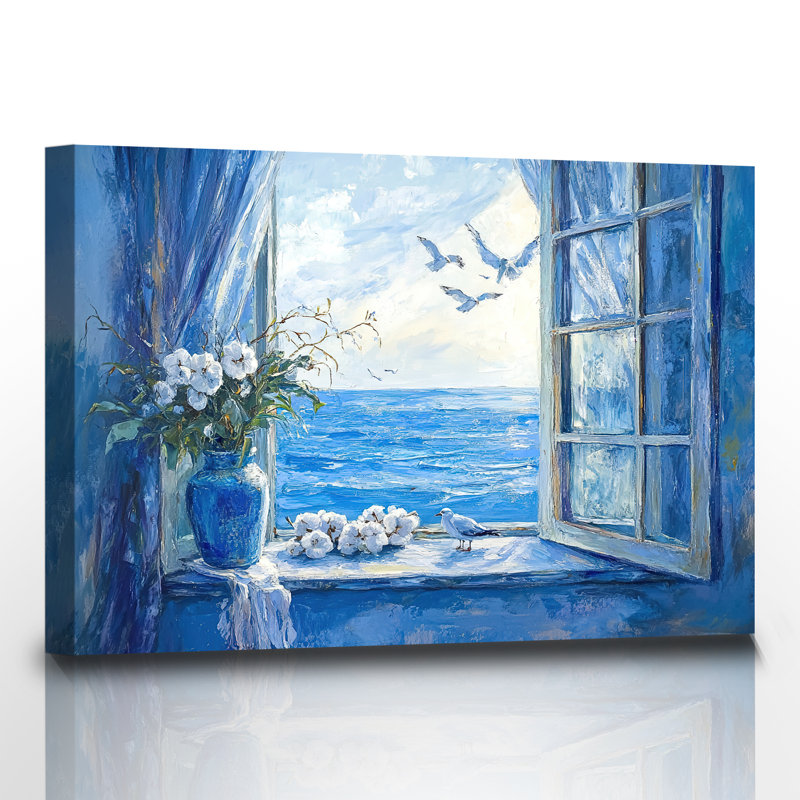 Rustique, salle de bain, fleur, art mural, fenêtre, paysage marin, paysage marin, peinture, impressions sur toile