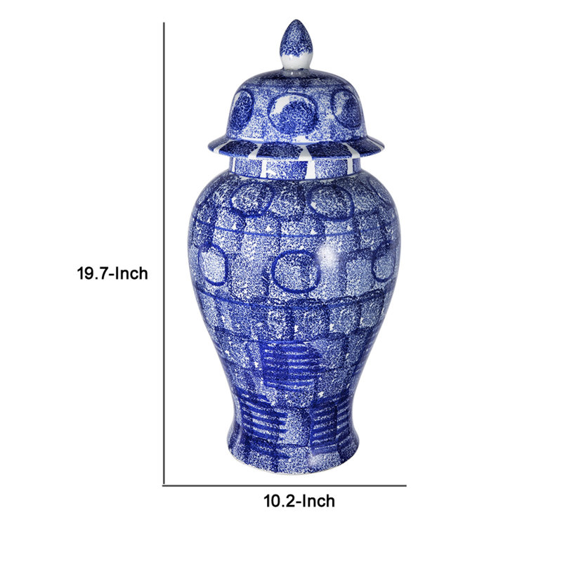 Pot à gingembre Jonah, motifs circulaires mouchetés, porcelaine bleu-blanc 20 pouces
