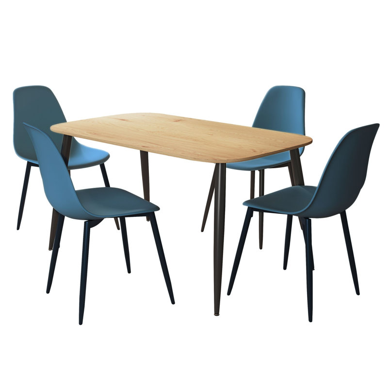 Huetter 5-Piece Casual Dining Set - Spacious Rectangular Table & 4 Curved Plastic Chairs, Beige, Blue