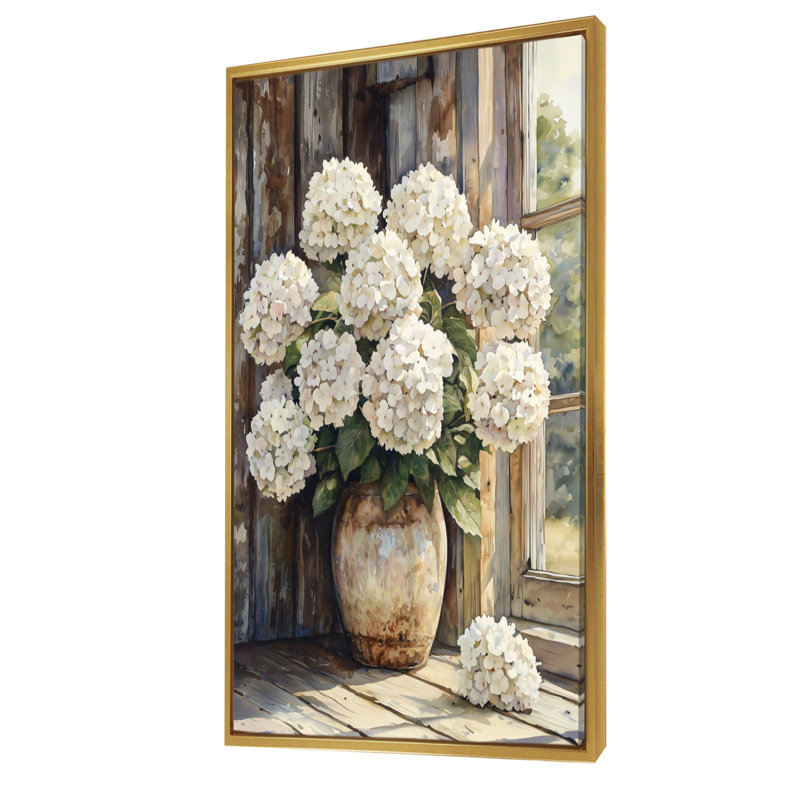 Paysage d'hortensias dans la brise d'été - art mural hortensias, H 60 po x l 28 po, Impression encadrée flottante, Doré