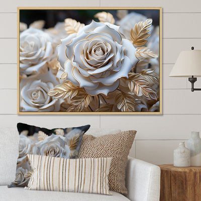 «White and Gold Rose Passion - Roses», reproduction sur toile encadrée