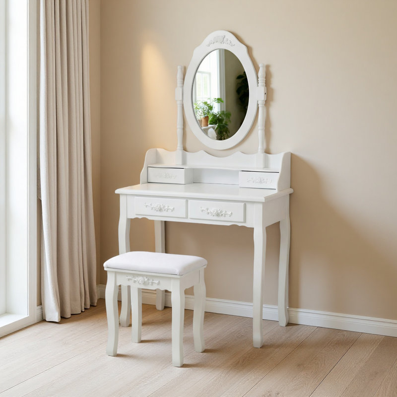 Ensemble de coiffeuse 4 tiroirs avec miroir et tabouret rembourré, Blanc