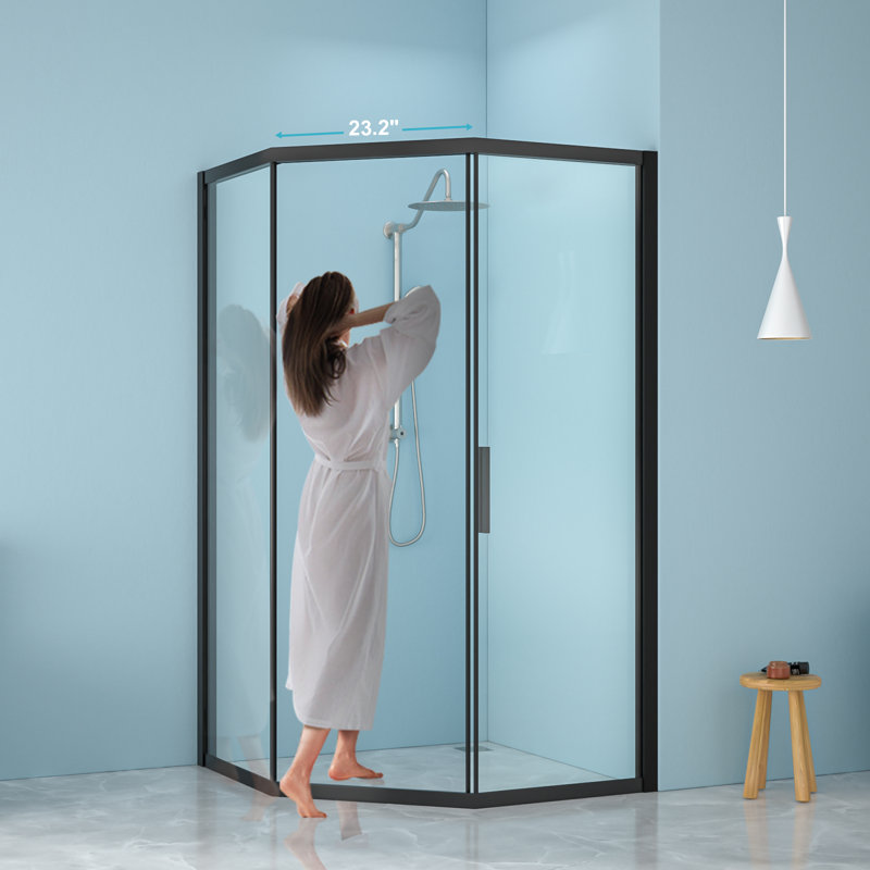 Porte de douche de coin de l 42 po x H 76 po avec verre trempé de 8 mm et cadre noir mat - ouverture de passage, conception peu encombrante
