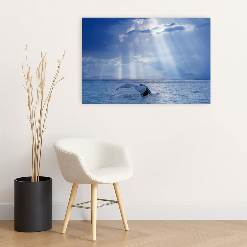 Whale Tail Sun Rays Dramatic Peaceful Serene Whale Nature Ocean Wall Art Print 1 Piece Wrapped Canvas Wall Art