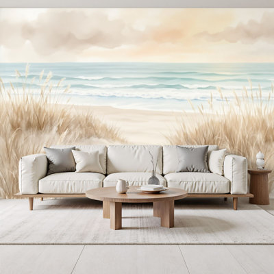 Coastal Peel and Stick Wallpaper Serene Beach Pathway Soft Sand Ocean View Sunset Wall Murals 69"H x 96"W Removable PVC Wall Paper Self-Adhesive Wall Decor for Bathroom Kids Bedroom Living Room Home Nursery