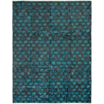 Tapis unique en laine noué à la main style contemporain des années 2010 de 8 pi 11 po x 11 pi 8 po turquoise / noir Andrew-James