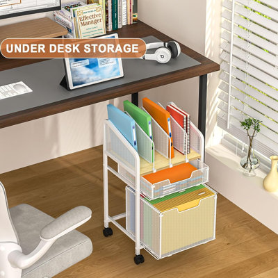 Rolling File Cabinet with Adjustable Dividers, Mobile Filing Cabinet with 2 Storage Drawers on Lockable Wheels, Hanging File Organizer Beside Under Desk for Office, Home, White