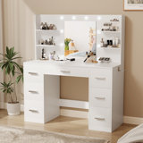 Makeup Vanity With Led Lighted Mirror And Built-In Power Supply