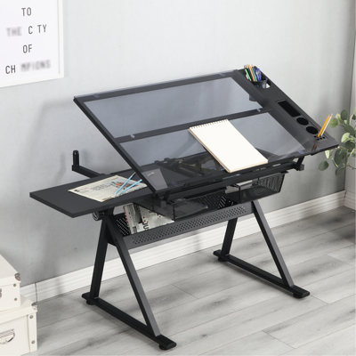 Table à dessin avec plateau en verre réglable de 0 à 75 pouces, hauteur de 31,5 à 49,5 pouces, bureau en acier noir avec rangement pour matériel d'art et outils de conception, plateau de 75 pouces, plateau pour fournitures de peinture, pour designers