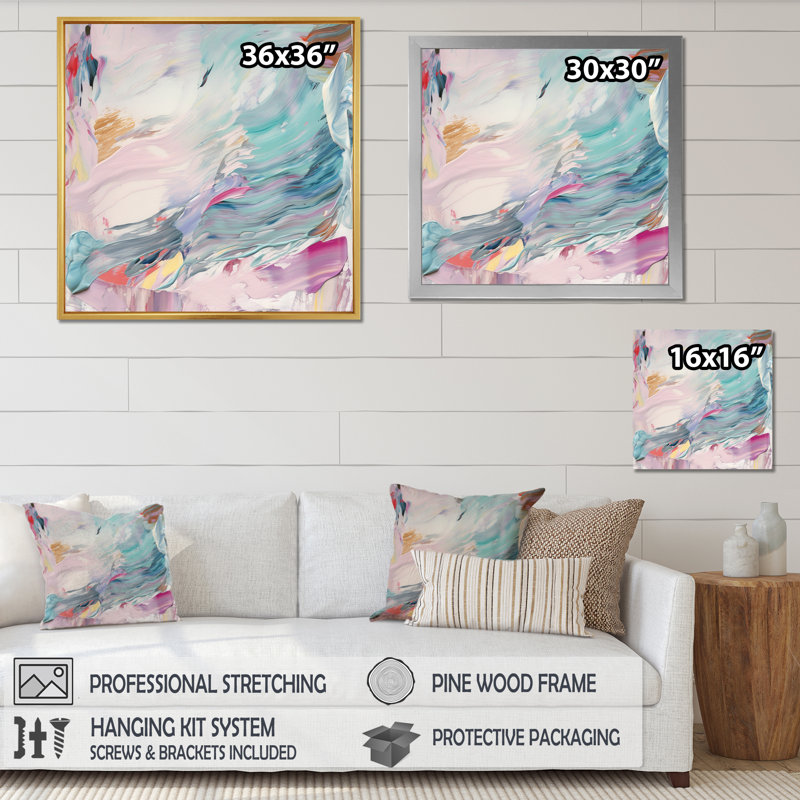 «Spring Miracles In Tender Retro Pastel», peinture abstraite sur toile, H 36 po x l 36 po x P 1,5 po, Cadre flottant doré