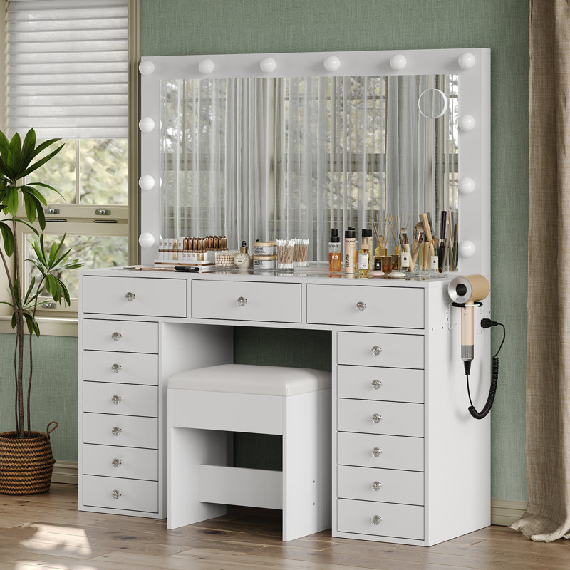Vanity Desk with Power Outlet, Makeup Vanity with Mirror and 12 LED Lights, 3 Lighting Modes,15 Drawers Vanity Table with Chair, Dressing Table with Glass Top