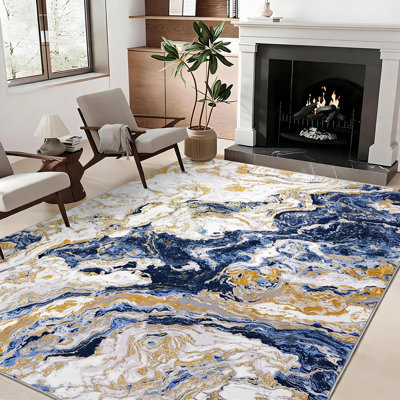 Tapis bleu 9 x 12 pieds (274 x 366 cm), tapis décoratif abstrait effet marbre, tapis doux et luxueux pour les zones de passage fréquent, tapis lavable pour salon, tapis antidérapant pour la décoration intérieure et la cuisine.
