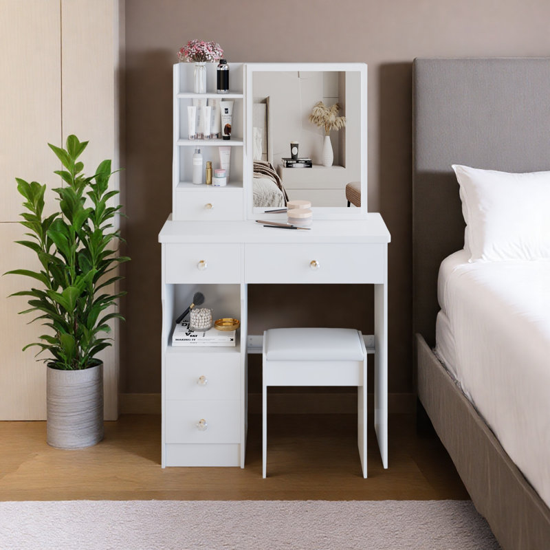 Coiffeuse moyenne avec miroir coulissant et tiroir, Blanc