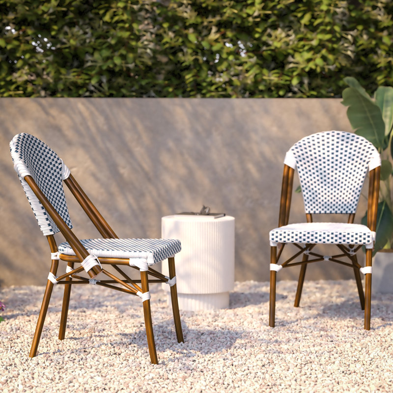 Chaises Paris d'intérieur / extérieur toutes saisons avec cadre imprimé en bambou, Blanc / siège bleu marine / cadre naturel
