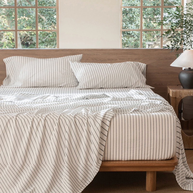 Ensemble de draps 100% coton lavé MooMee, Rayures larges : Blanches et gris foncé