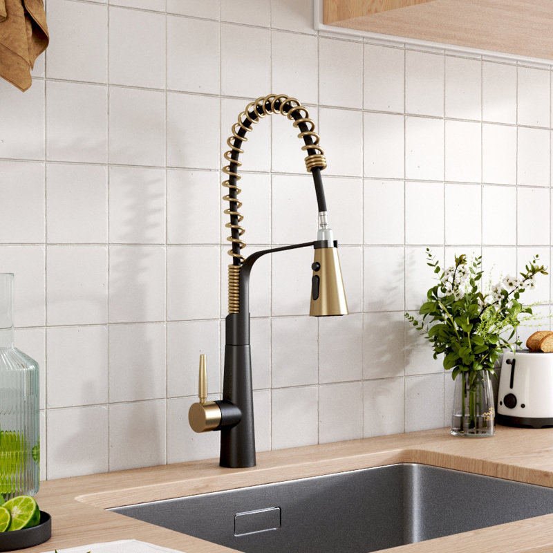 Belfry Kitchen Dunfee Pull Out Kitchen Faucet, Matte Black/Gold