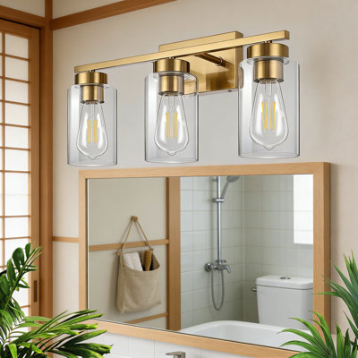 Luminaire de meuble-lavabo moderne à 3 lumières avec finition dorée brossée et abat-jour en verre transparent, applique murale pour miroir de salle de bain, salon, chambre à coucher et couloir