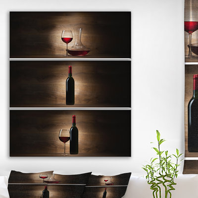 " Green Bottle With Red Wine And Glass " 3 - Pieces
