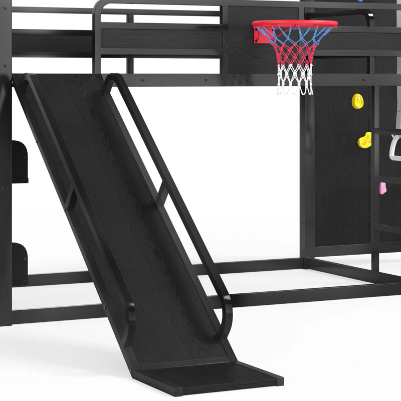Lit mezzanine en métal peu encombrant avec caractéristiques de jeu intégrées, Extra-long Twin, Black