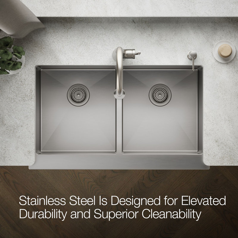 Strive 35-1/2 In. Undermount Double-Bowl Farmhouse Kitchen Sink With Accessories
