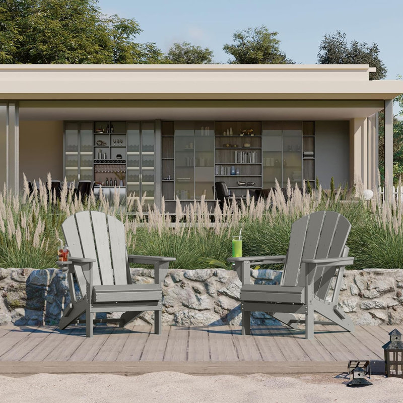 Outdoor Adirondack Chair Set Weather-Resistant HDPE Foldable Patio Chair Fire Pit Chair with Cup Holder, Gray