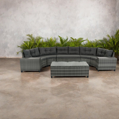 8-Pieces Outdoor Wicker Round Sofa Set, Half-Moon Sectional Sets All Weather, Curved Sofa Set With Rectangular Coffee Table, PE Rattan, Movable Cushion