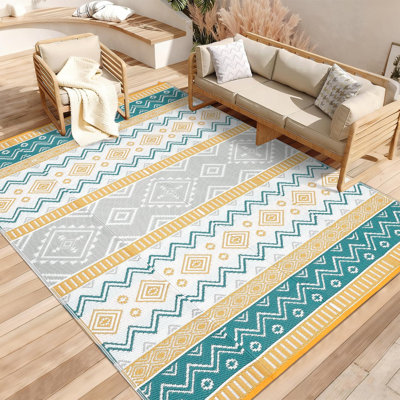 Black and White Geometric Outdoor Area Rug 10x14ft – Washable, Waterproof, UV Resistant Patio Carpet, Easy Clean, Lightweight – USA Specification