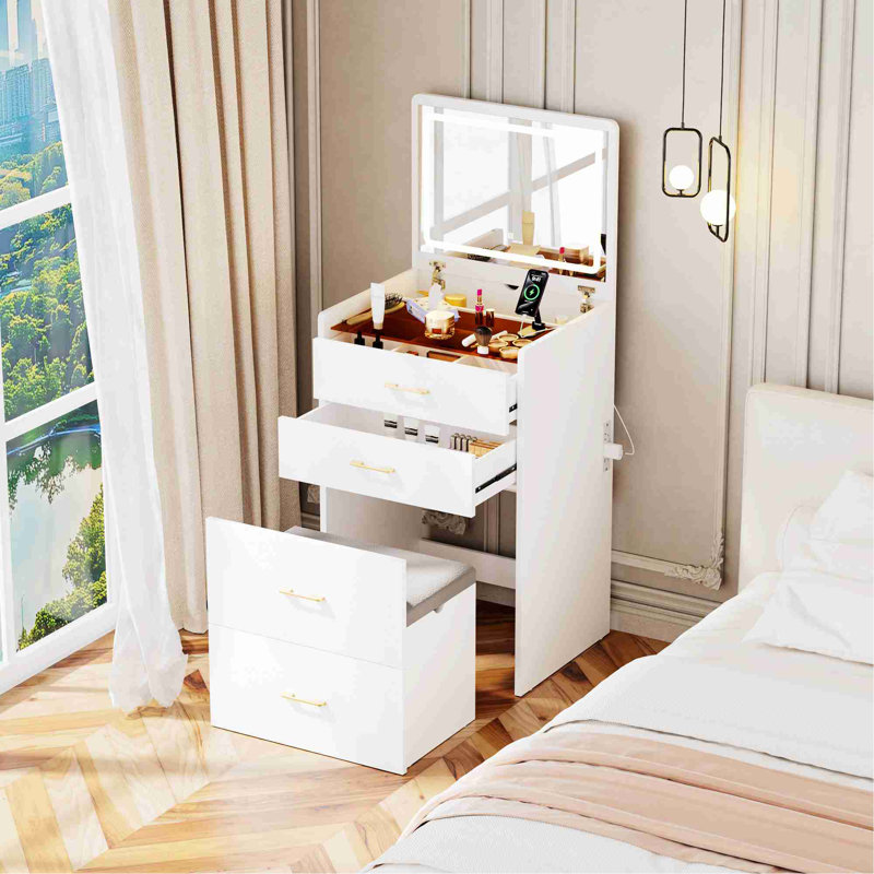 Bureau de coiffeuse avec miroir ouvert, coiffeuse de maquillage avec 3 tiroirs et 1 tabouret, coiffeuse pour chambre à coucher