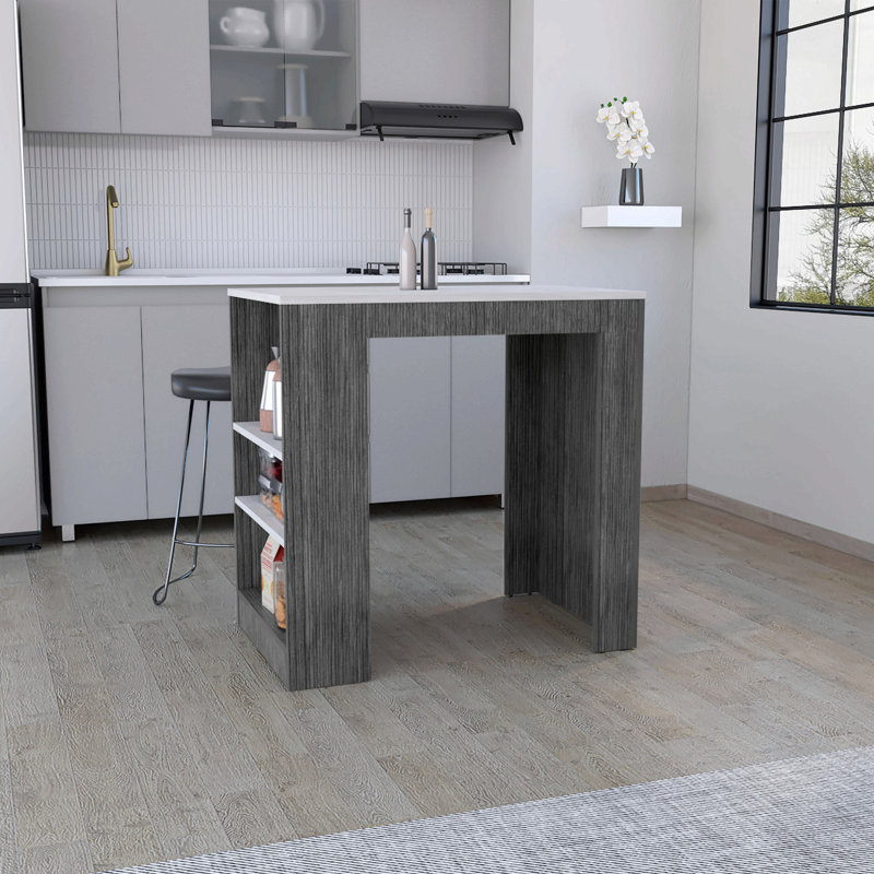 Portree Kitchen Island With 3-Side Shelves, Dark Gray