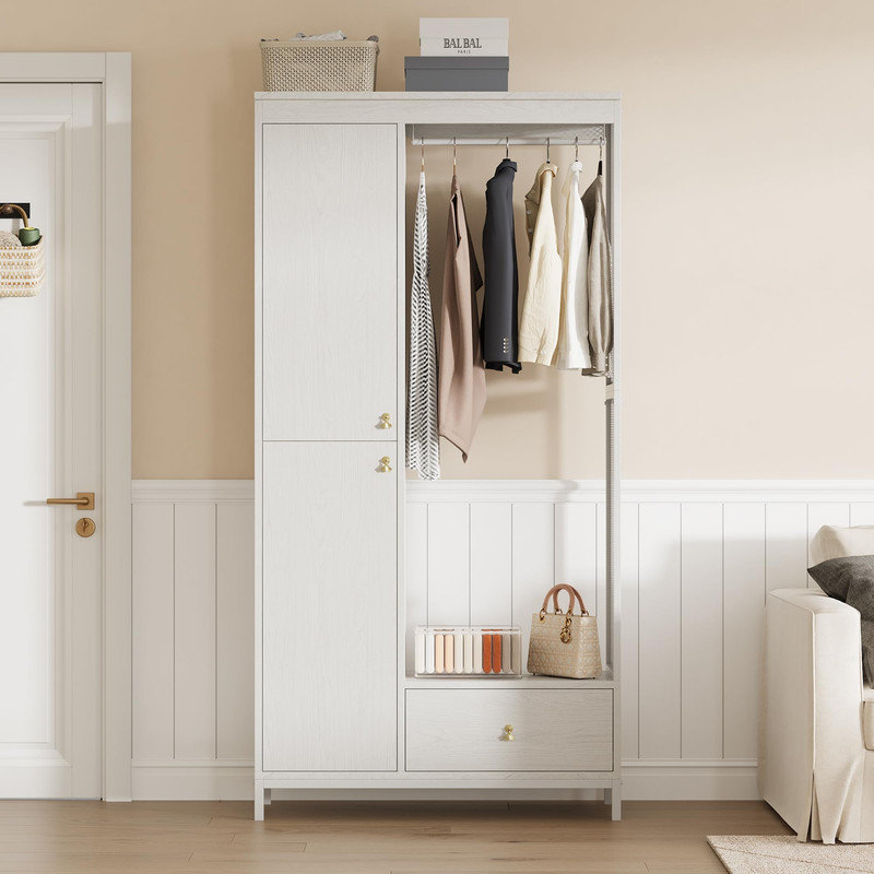 Armoire-penderie moderne - portes doubles, tringle, tiroir et tablettes réglables, White