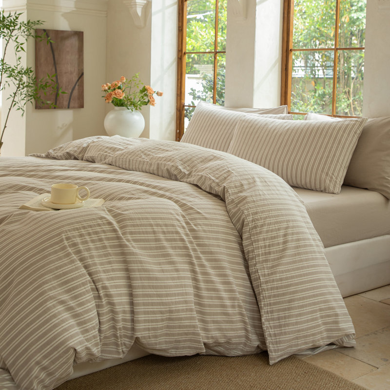 Ensemble de housse de couette rayé 100% coton délavé DONEUS, Beige / Blanc